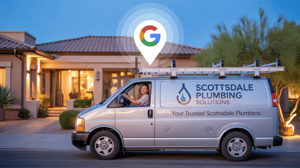 Local service business in Scottsdale ranking in Google Maps with map pin above work van.