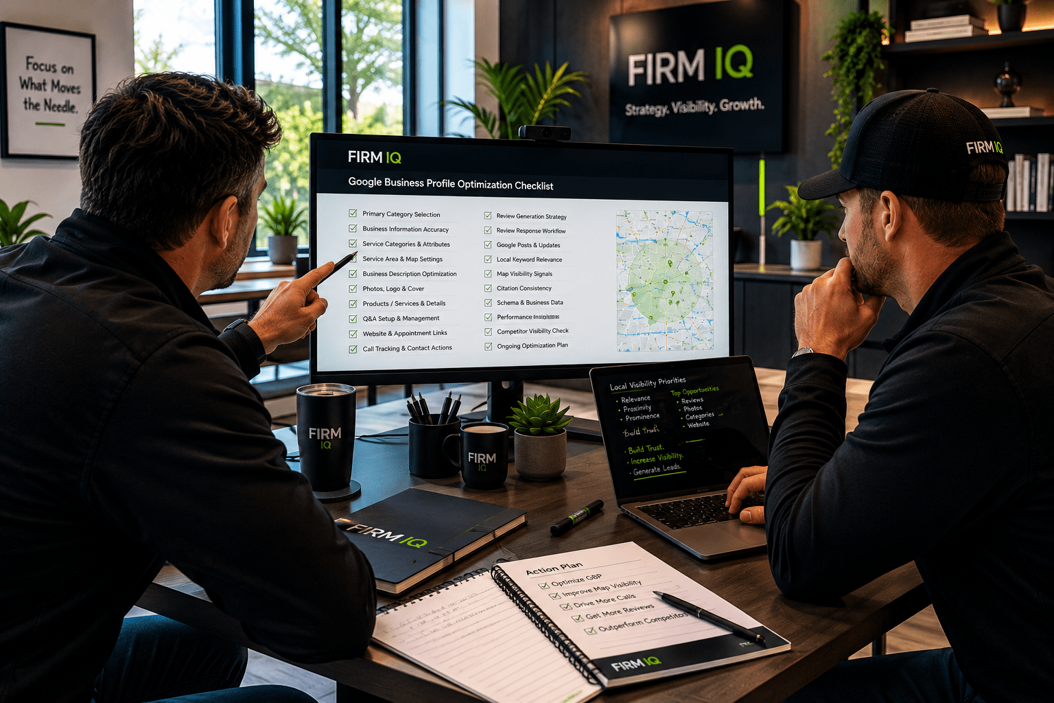 Firm IQ Google Business Profile checklist for local businesses reviewing categories, services, photos, reviews, calls, map visibility, and local discovery signals