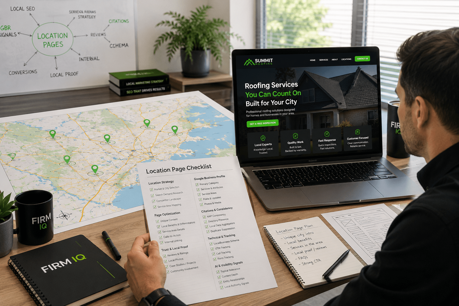Firm IQ location page checklist for local businesses reviewing city pages, service-area relevance, local proof, internal links, Google Business Profile support, schema, and conversions