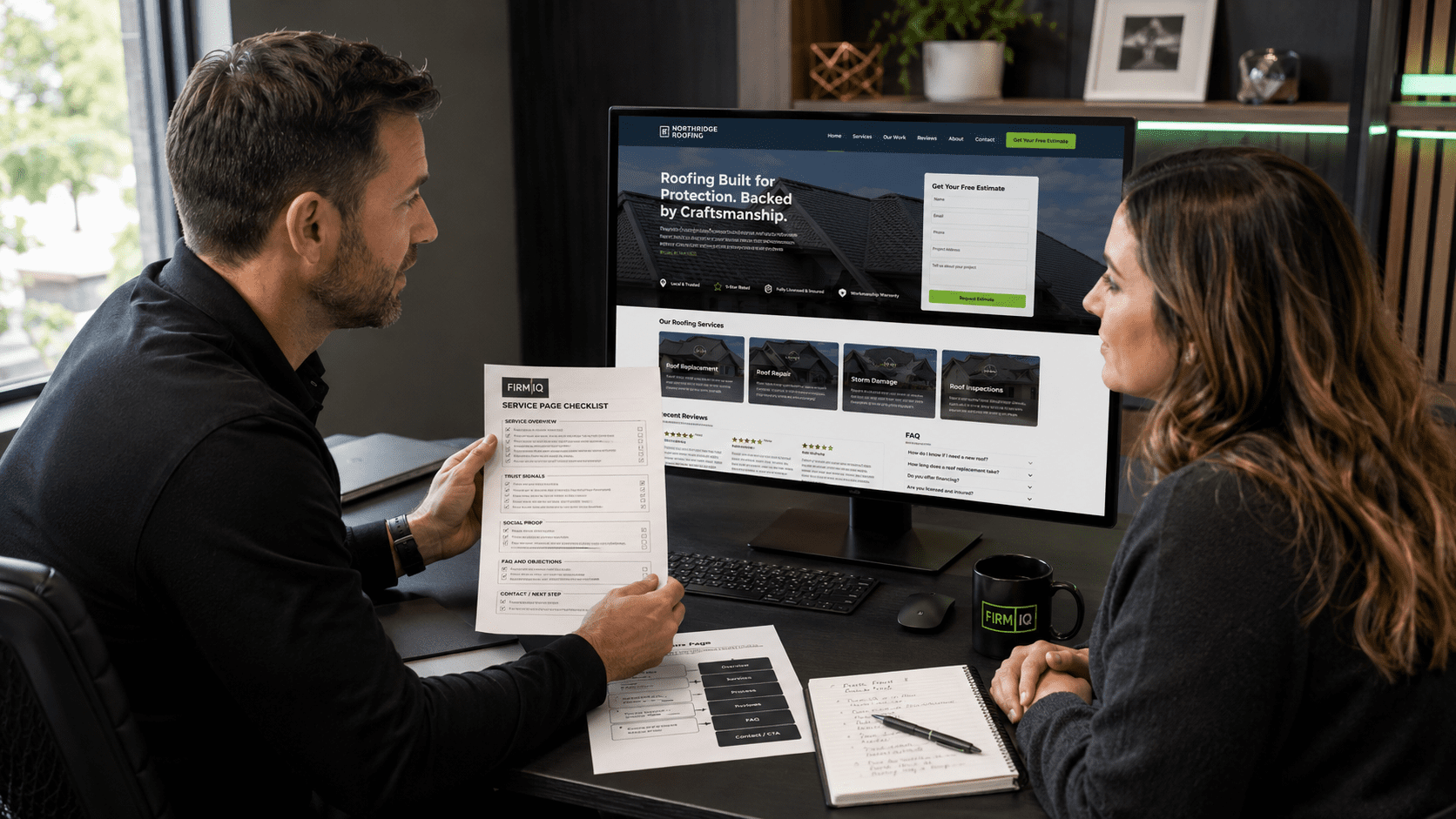 Firm IQ service page checklist for local businesses reviewing service intent, page structure, proof, FAQs, internal links, schema, conversions, and AI visibility