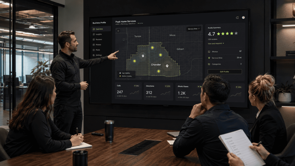 Business owner reviewing Google Business Profile optimization, reviews, service areas, and Google Maps visibility for a Chandler Arizona business