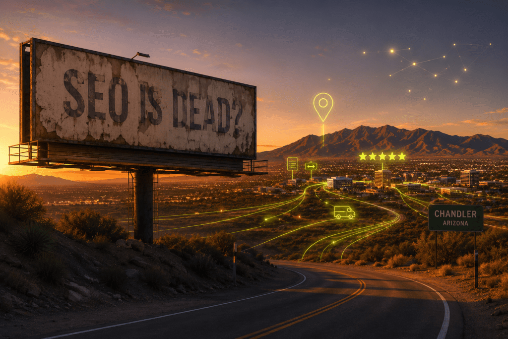 Cinematic Arizona desert scene showing an old SEO is dead billboard with modern local visibility signals connecting maps, reviews, directories, and AI search toward Chandler city lights