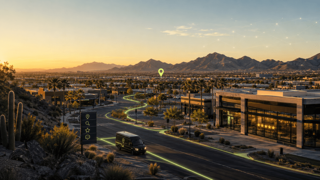 Cinematic Chandler Arizona scene showing modern SEO strategy as glowing local visibility signals connecting maps, reviews, service routes, directories, and AI recommendations