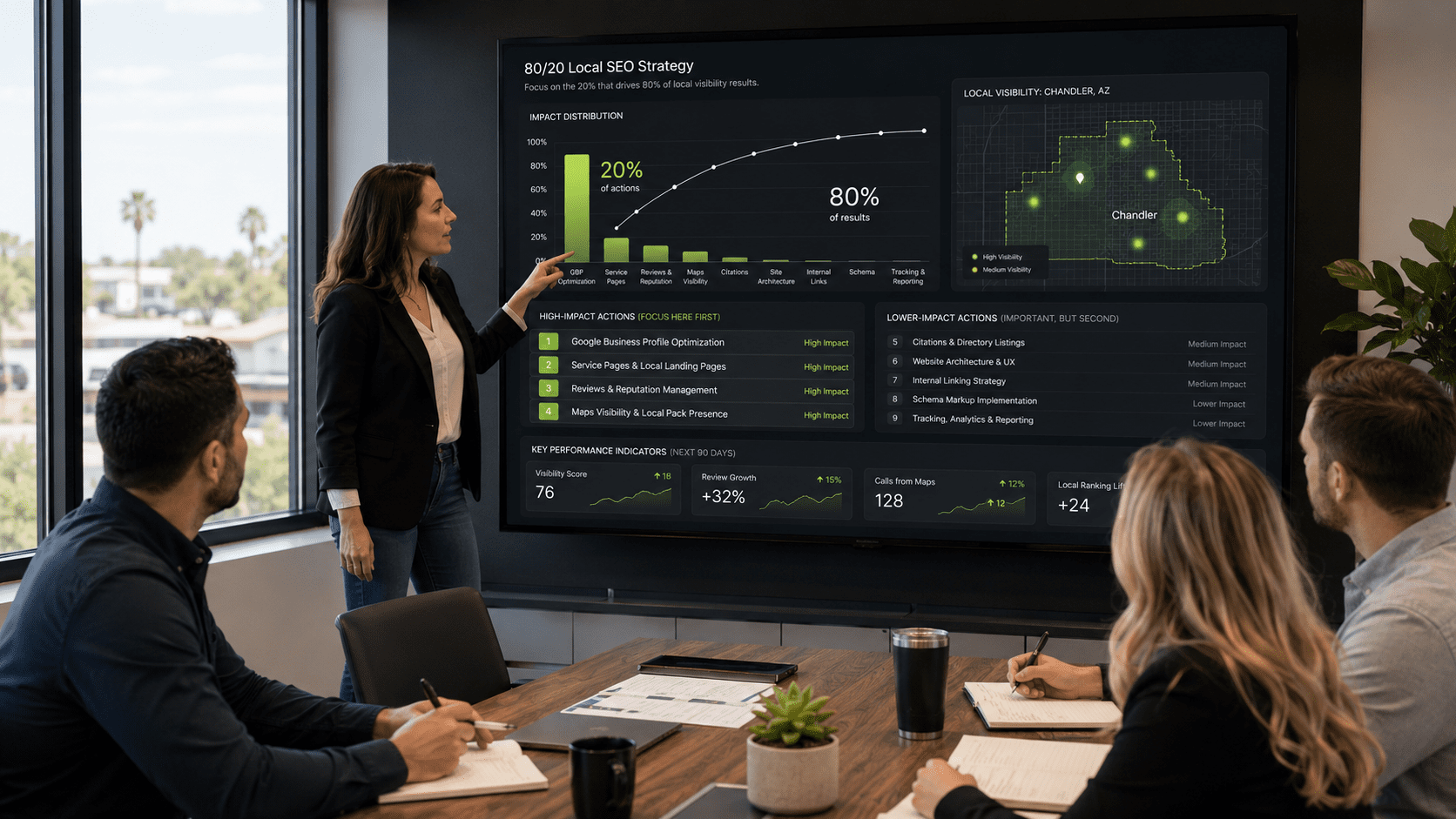 80/20 SEO priority dashboard showing high impact local visibility tasks for a Chandler Arizona business