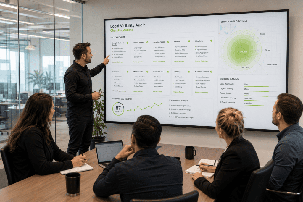 SEO checklist dashboard showing Google Business Profile, service pages, reviews, citations, schema, internal links, and tracking for a Chandler Arizona business
