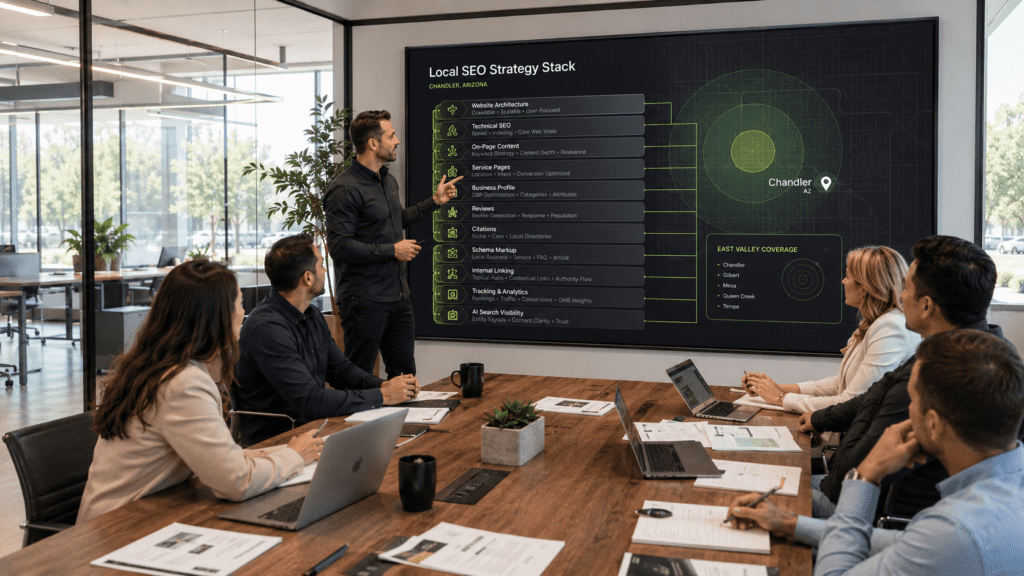 Local SEO strategy stack showing website architecture, Google Business Profile, reviews, citations, schema, internal links, and tracking for a Chandler Arizona business