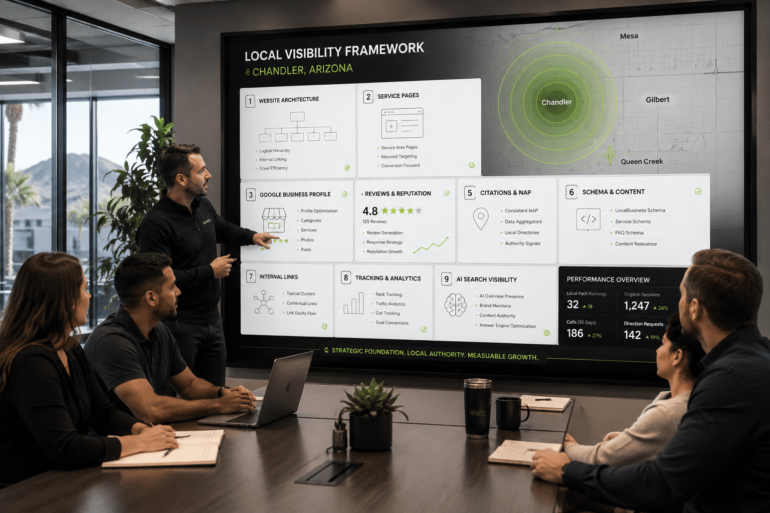 Local SEO framework dashboard showing website architecture, Google Business Profile signals, reviews, citations, schema, and AI search visibility for a Chandler Arizona business