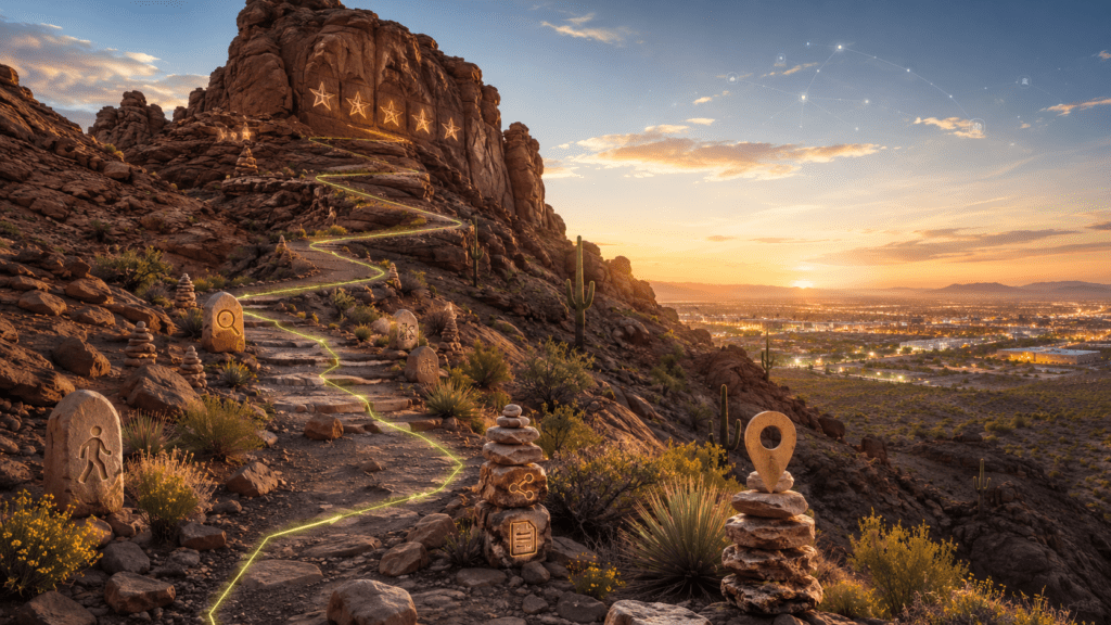 Cinematic Arizona desert climbing route representing SEO keyword difficulty for Chandler businesses with local search terrain, map pins, review signals, citations, and AI visibility