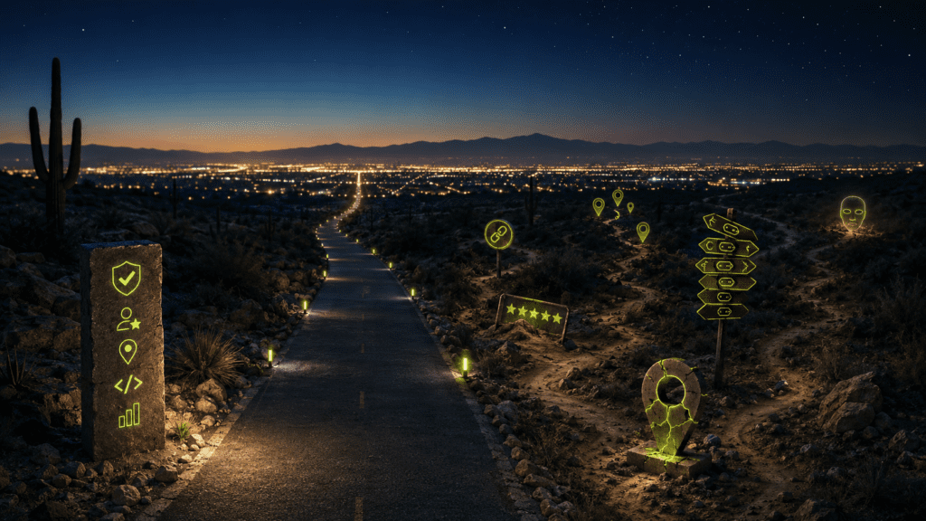 Cinematic Arizona desert scene showing dangerous SEO shortcut paths such as fake reviews, spammy backlinks, duplicate city pages, keyword stuffing, and Google Business Profile spam
