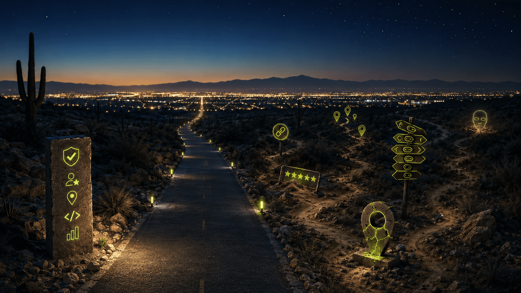 Cinematic Arizona desert scene showing dangerous SEO shortcut paths such as fake reviews, spammy backlinks, duplicate city pages, keyword stuffing, and Google Business Profile spam