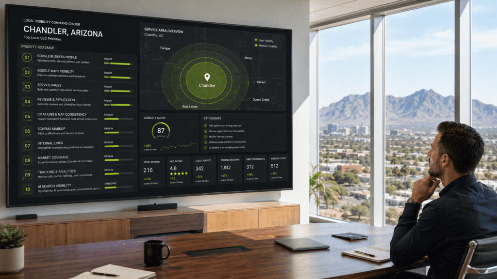 Dashboard showing top SEO strategies for Chandler Arizona businesses including Google Business Profile, service pages, reviews, citations, schema, tracking, and AI search visibility