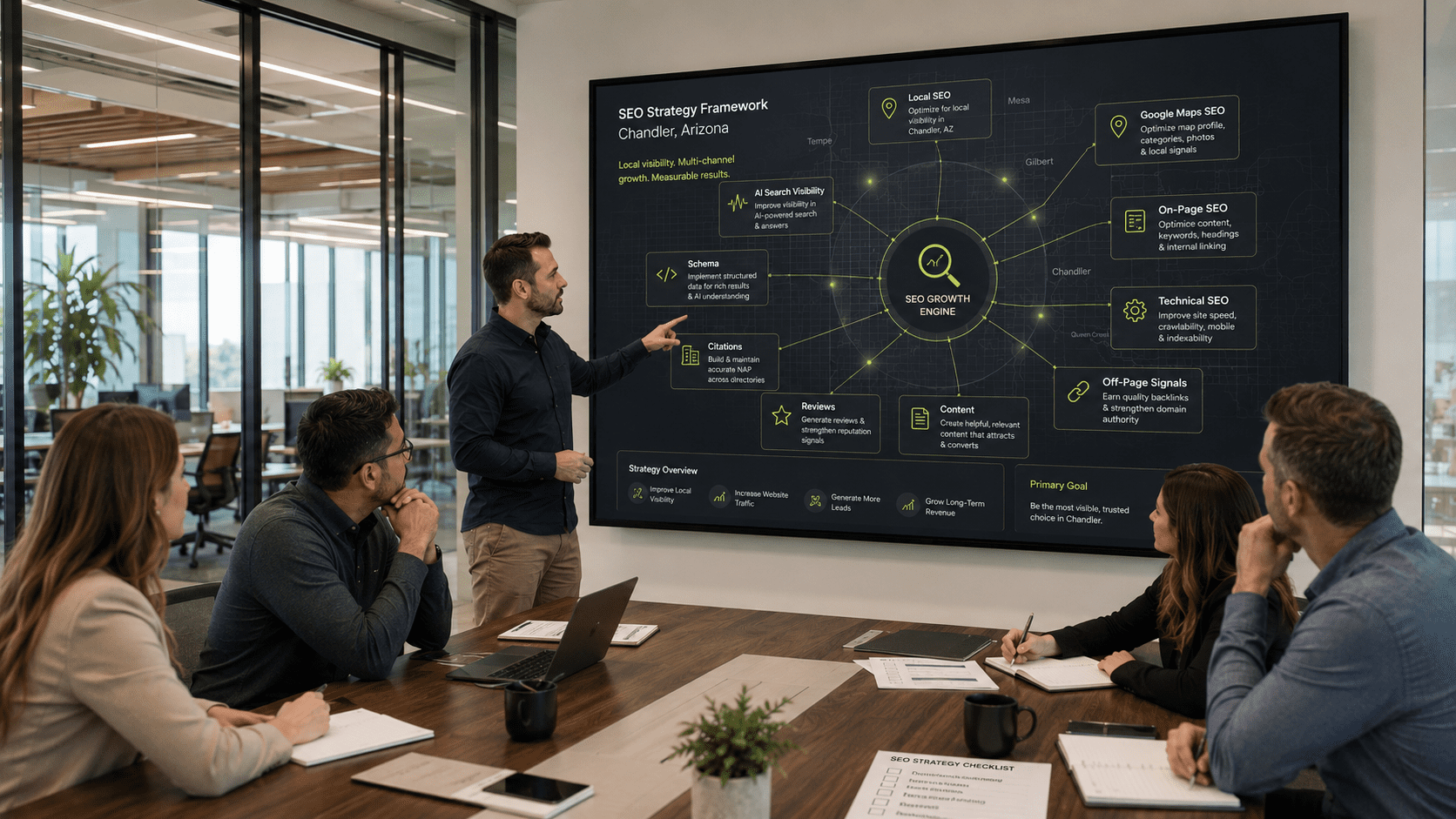 Dashboard showing the types of SEO Chandler Arizona businesses should focus on, including local SEO, Google Maps SEO, technical SEO, reviews, citations, and AI search visibility
